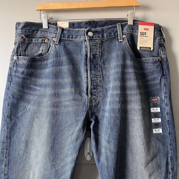 Levis 501 Jeans Men 40x30 Blue Stretch Denim Button Fly Straight Leg Classic NEW - Picture 2 of 14
